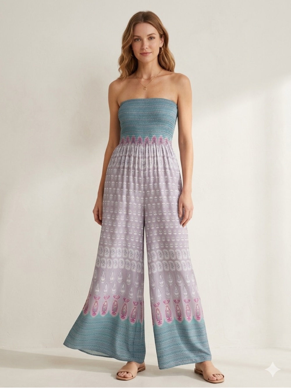 MAHINA Women’s Smocked Boho Strapless Wide Leg Paisley Jumpsuit